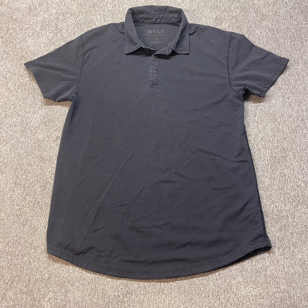BYLT Drop Cut SS Polo Lux Black Short Sleeve Curved Hem Mens Large